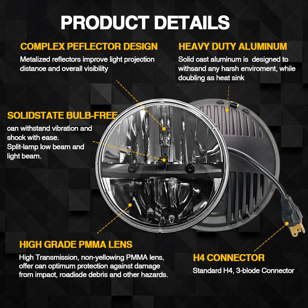 Uni-Light J004 6000K High/Low Beam Sealed LED Round Motorcycle Headlight for Harley Davidson