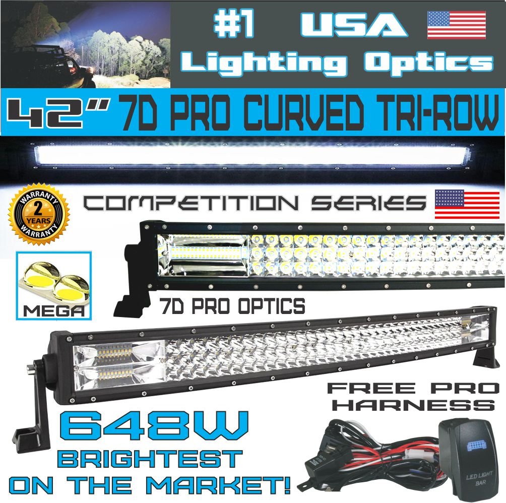  No.1 42" Curved Pro Tri-Row Led Light Bar 648w 64,800LM 7D Spot Flood Combo Beam for Off Road Jeep ATV AWD SUV 4WD 4x4 RZR CanAm