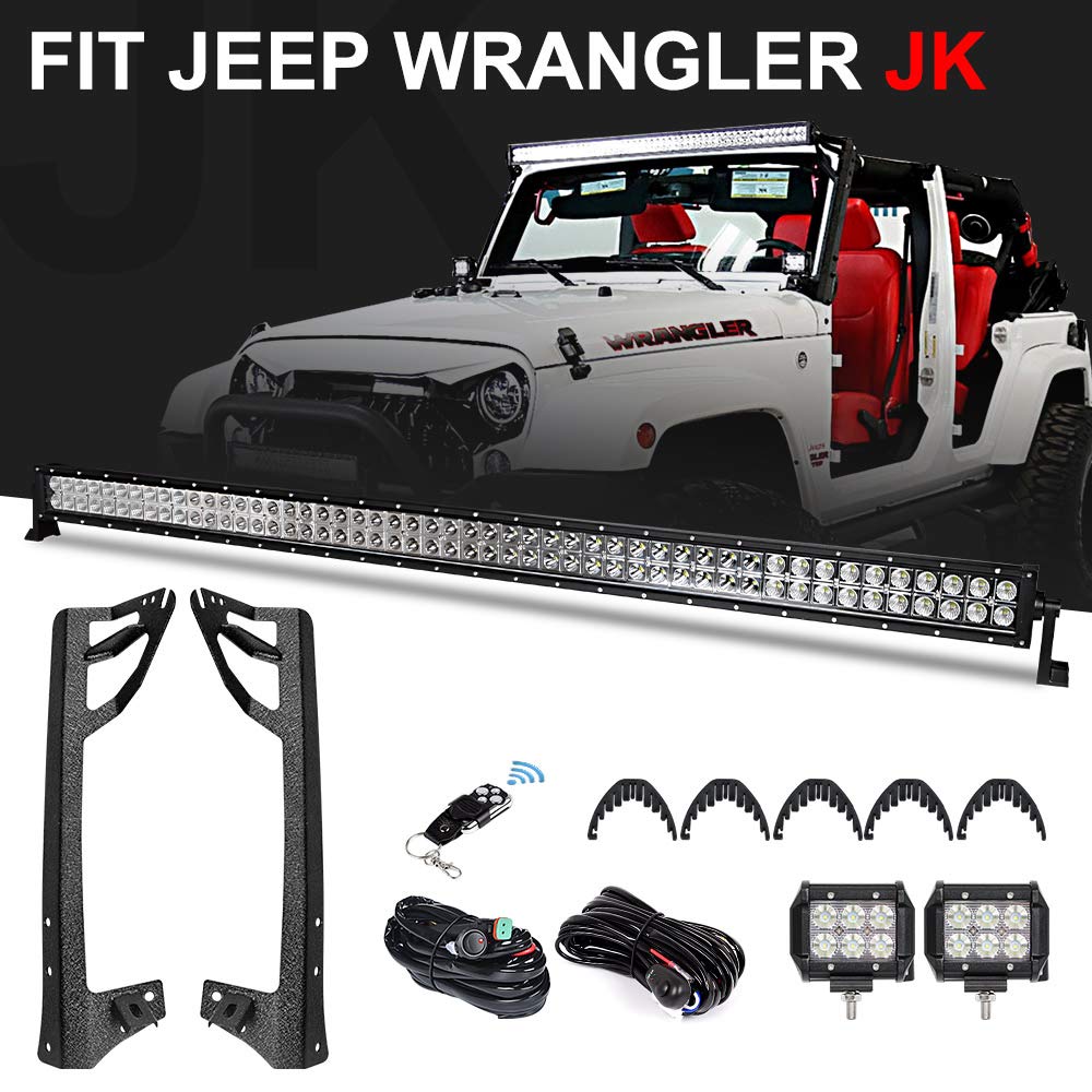Racbox 52 Inch Off road LED Light Bar + 2 X 4 inch LED Pods Light + Windshield Mounting Brackets with Wiring Harness Set for Jeep Wrangler JK Unlimited JKU Rubicon Sahara 2007-2018
