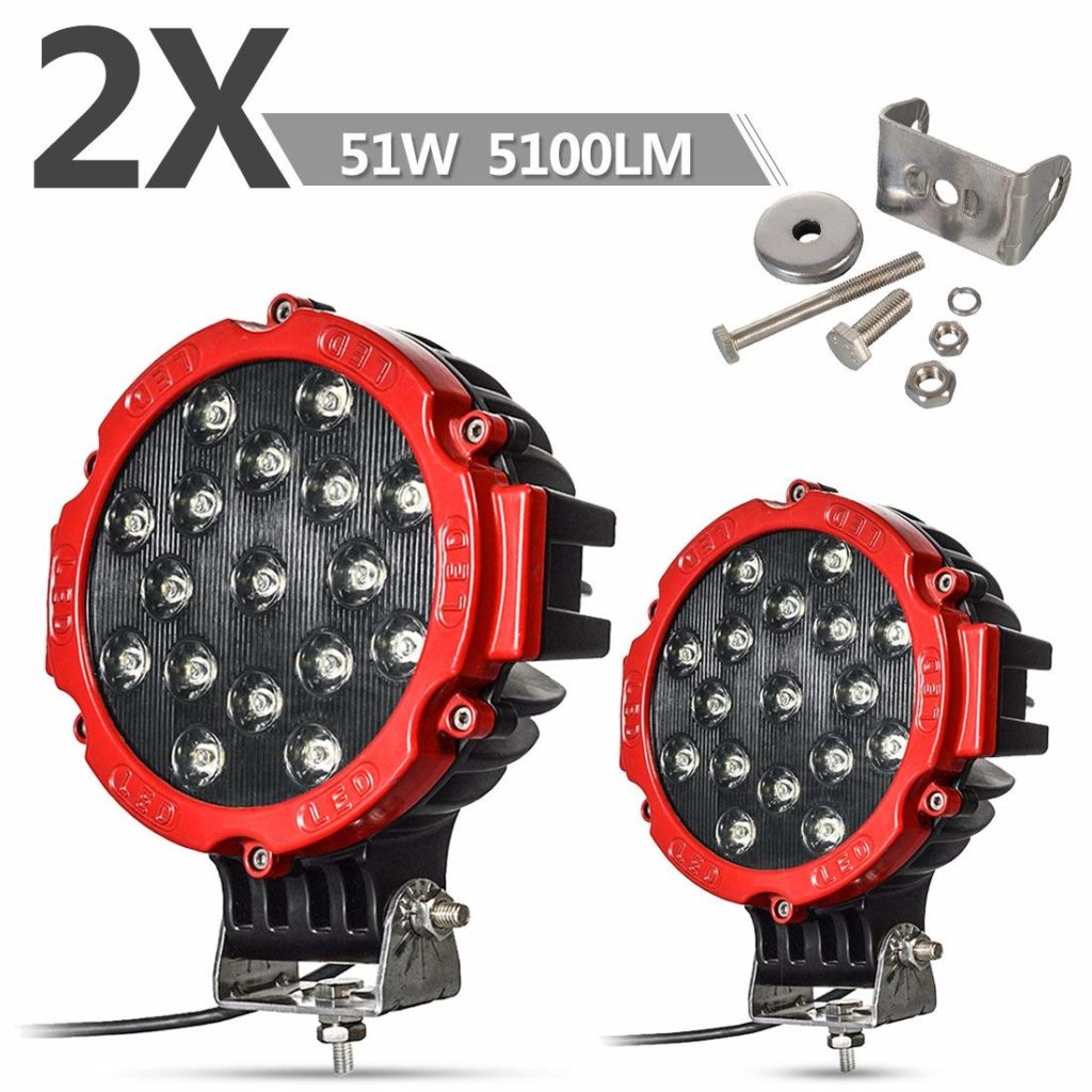2PACK 7" LED Offroad Pod Lights Bar 51W with Mounting Bracket, Red Round Spot Bumper Driving Lamp Headlight Fog Light for Offroader, Truck, Car, ATV, SUV, Jeep, Construction, Camping, Hunters