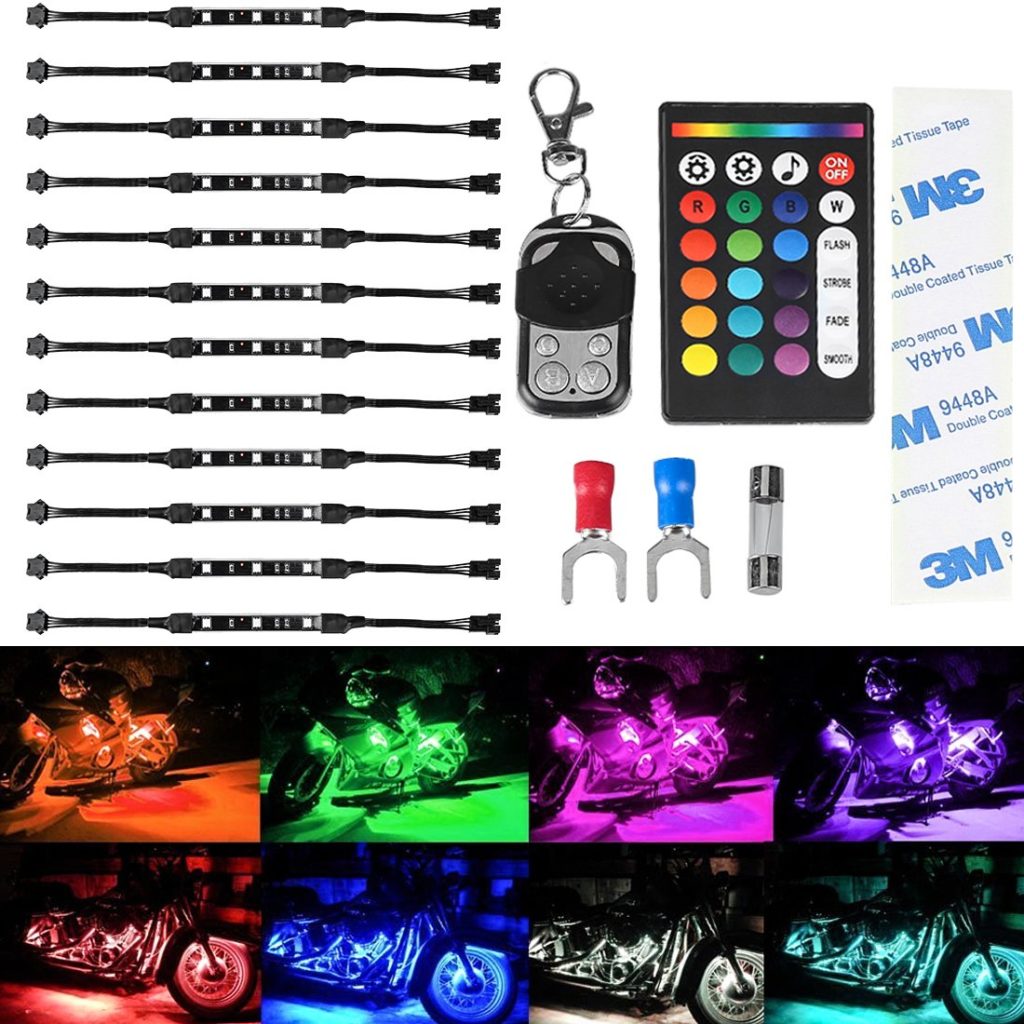 12Pcs Led Light Kits Multi-Color Wireless IR/RF Remote Controller Motorcycle Atmosphere Lamp RGB Flexible Strips Ground Effect Light for Motorcycle
